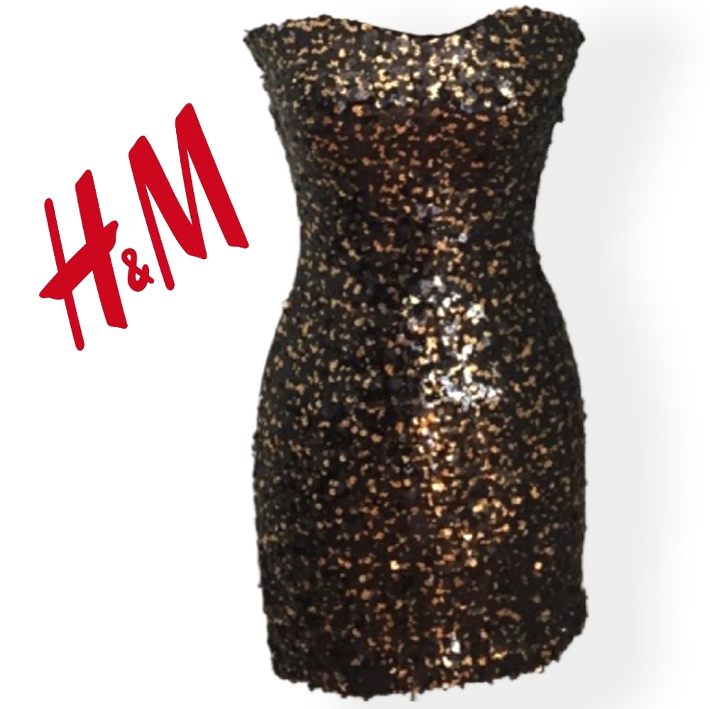 H&M Black & Gold Sequins Mini Dress NWOT - Size 8